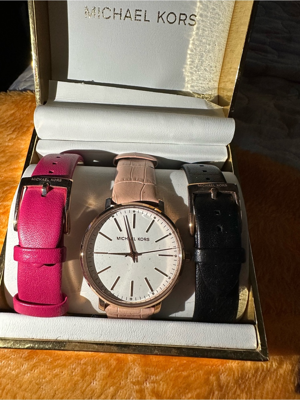 Authentic Michael Kors Watch with Interchangeable Pink, Black & Nude Straps.